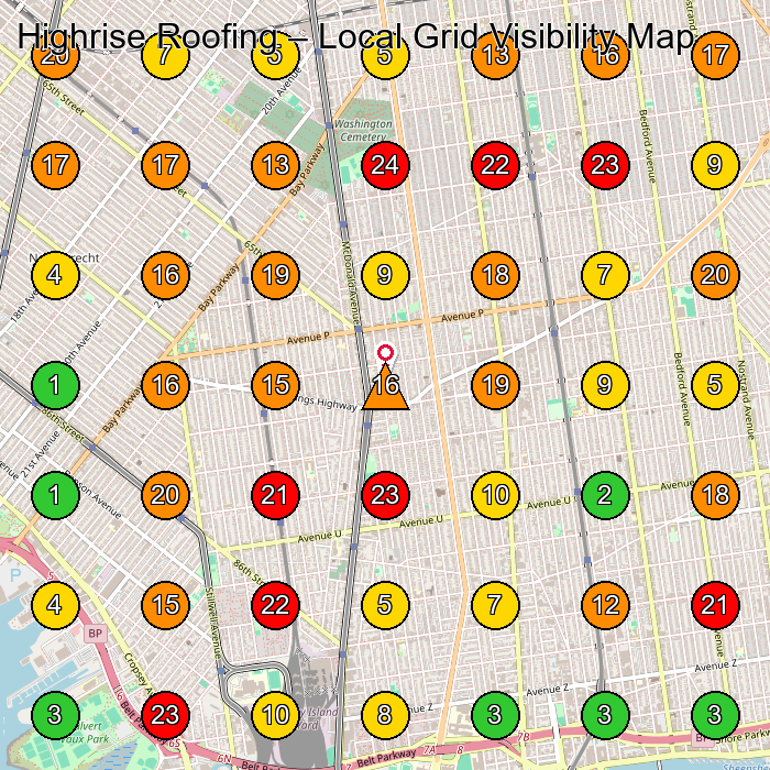 Highrise Roofing Roofing Contractor GeoGrid ranking map for Brooklyn NY
